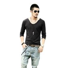 mens exclusive pretty tops deep v neck long sleeve t-shirtss stunning cut off border plus size J4U66