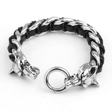 mens wolf head bracelet hand woven cow leather 31l titanium steel polished fashional ornaments punk rock J4U66