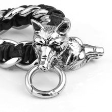 mens wolf head bracelet hand woven cow leather 31l titanium steel polished fashional ornaments punk rock J4U66