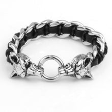 mens wolf head bracelet hand woven cow leather 31l titanium steel polished fashional ornaments punk rock J4U66