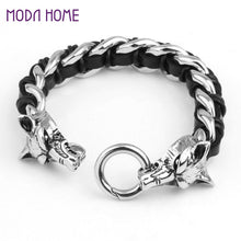 mens wolf head bracelet hand woven cow leather 31l titanium steel polished fashional ornaments punk rock J4U66