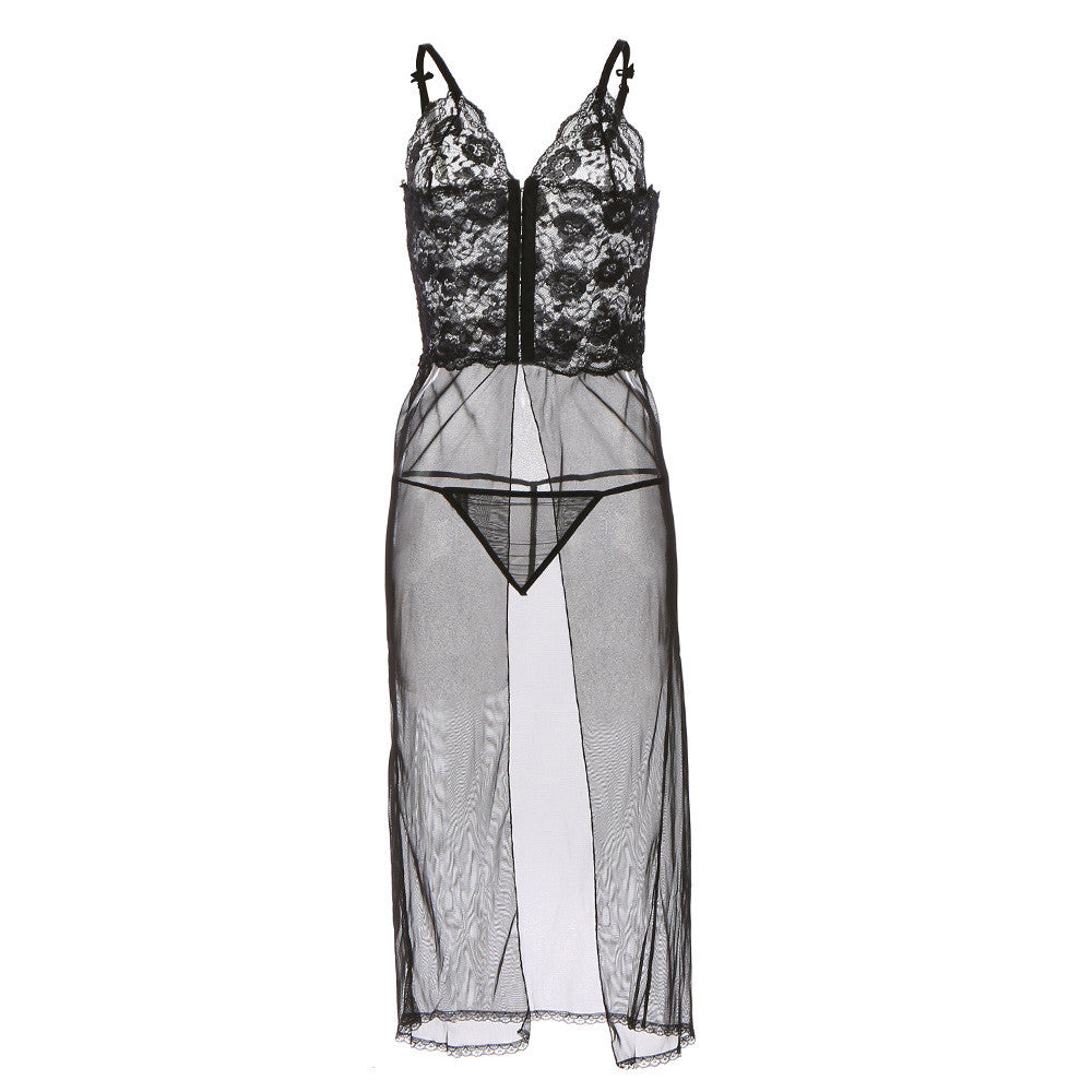 sexy woman lingerie sheer lace long dress temptation ladies fetish wear sexy erotic underwear black costume g-string J4U66