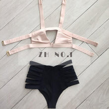 halter bikini sets high waist black bottom bikini sexy hollow out swimwear black push up swimsuit padded bathing suit J4U66