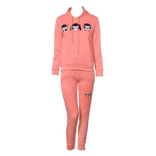 Women Casual Cartoon Monkey Hooded Long Sleeve Two Lovely Colors Tracksuit Sweatshirt Suit Plus Size S-XL Set J4U66