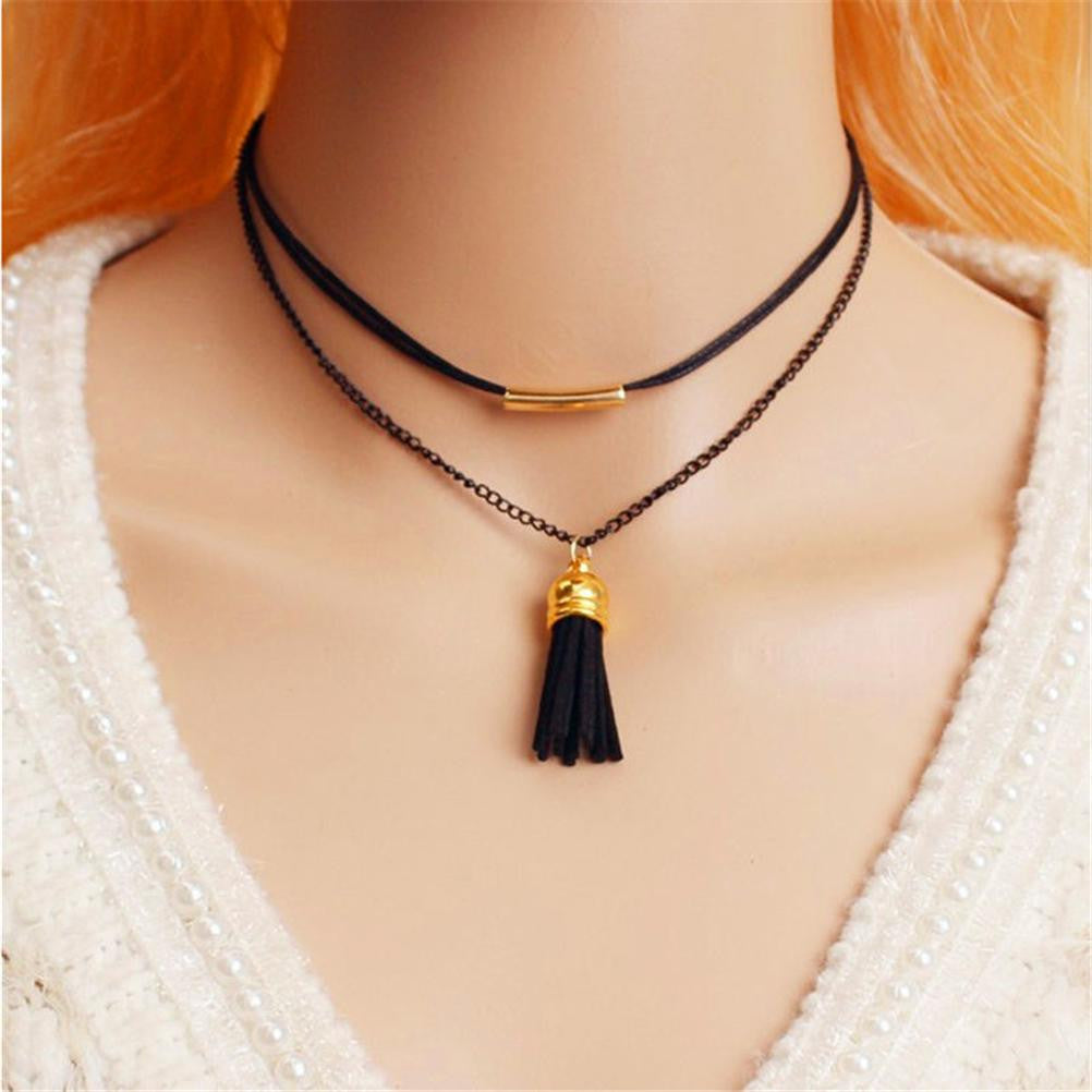 Necklace Gothic Chain Charm Pendant Vintage Jewelry Double Layer Black Imitation Leather Choker J4U66