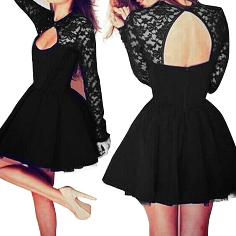 Long Sleeves Stitching Slim A-Line Mini Short Black Dress Lace Women Dress Floral Backless Dress J4U66