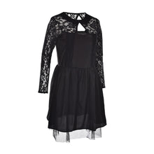 Long Sleeves Stitching Slim A-Line Mini Short Black Dress Lace Women Dress Floral Backless Dress J4U66