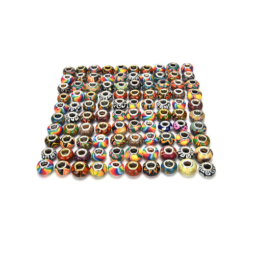 100Pcs Mixed Color Silver Plated Big Hole Loose Beads Fit European Jewelry Braclet Charms DIY J4U66