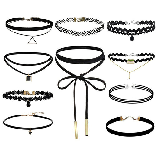 10Pcs Black Gothic Punk Velvet Tattoo Lace Choker Necklace Long Pendant Jewelry Women Collar Chocker J4U66