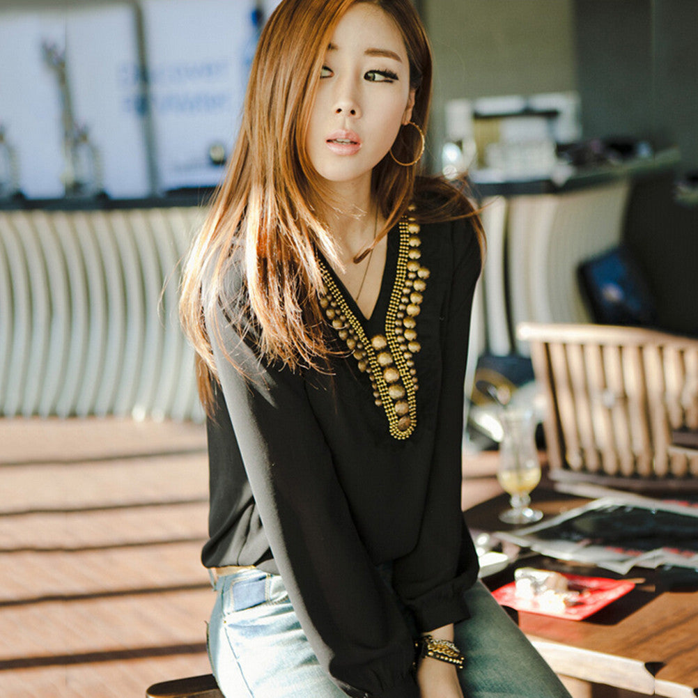 Women deep v neck button long sleeve ladies tops chiffon shirts solid elegant Top casual blouse J4U66