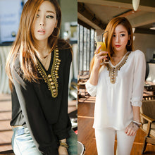 Women deep v neck button long sleeve ladies tops chiffon shirts solid elegant Top casual blouse J4U66