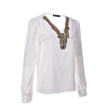 Women deep v neck button long sleeve ladies tops chiffon shirts solid elegant Top casual blouse J4U66