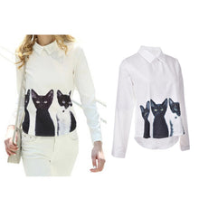 Cats Printed Pullover Shirts Long Sleeve Casual Women Korean White Blouse J4U66