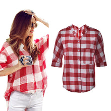 Elegant Big Square Patchwork Deep V Neck Long Women Shirts 3XL Red Plaid Women Shirts For day J4U66