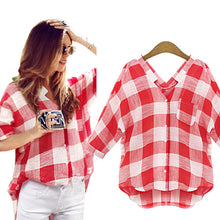 Elegant Big Square Patchwork Deep V Neck Long Women Shirts 3XL Red Plaid Women Shirts For day J4U66