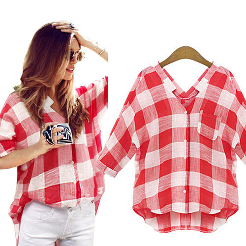 Elegant Big Square Patchwork Deep V Neck Long Women Shirts 3XL Red Plaid Women Shirts For day J4U66