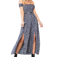 Sexy Side Split Off Shoulder Print Dress High Waist Maxi Dress Women Vintage Beach Dress J4U66