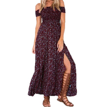 Sexy Side Split Off Shoulder Print Dress High Waist Maxi Dress Women Vintage Beach Dress J4U66