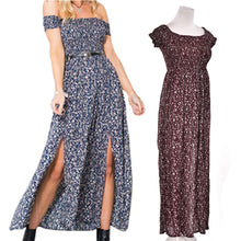 Sexy Side Split Off Shoulder Print Dress High Waist Maxi Dress Women Vintage Beach Dress J4U66