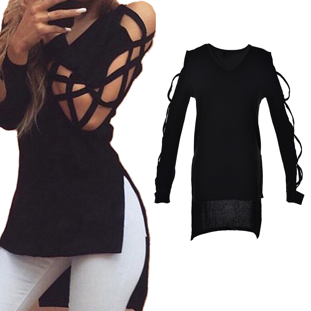Short Front And Long Back Tops Tees Split Cool Women T shirt Sexy Women T Shirts Deep V Hollow Cut Out Sleeve Tee shirt J4U66