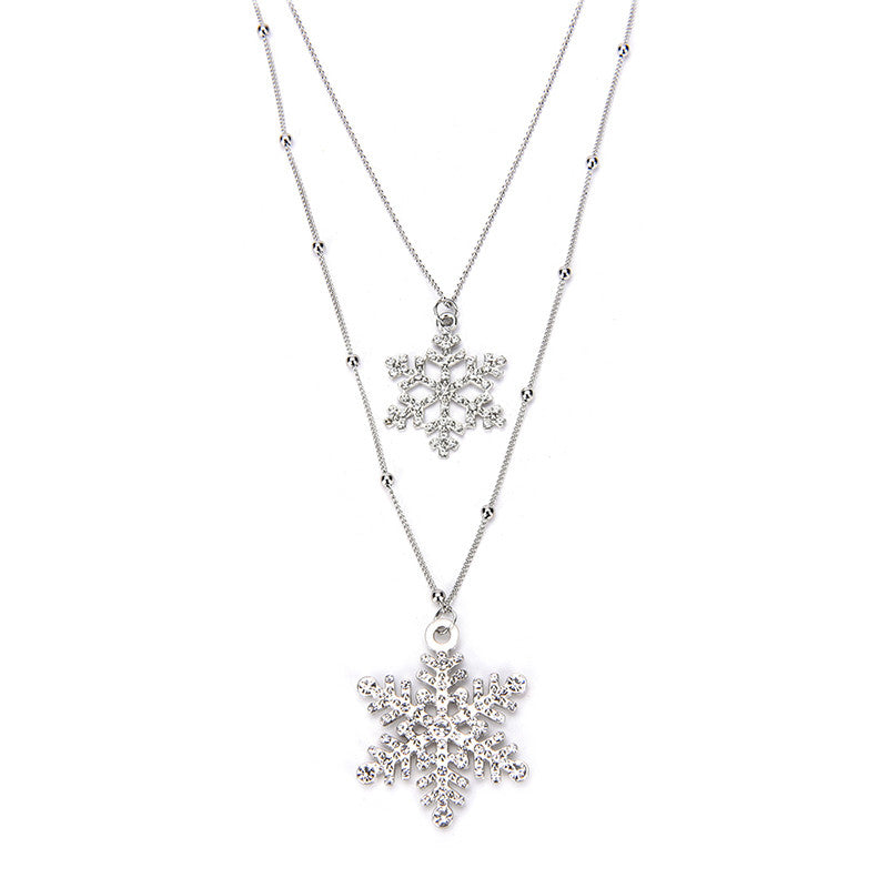 Silver Rhinestone Snowflake Pendant Long Chian Necklace Sweater Chain Double Layers Necklace & Pendant J4U66