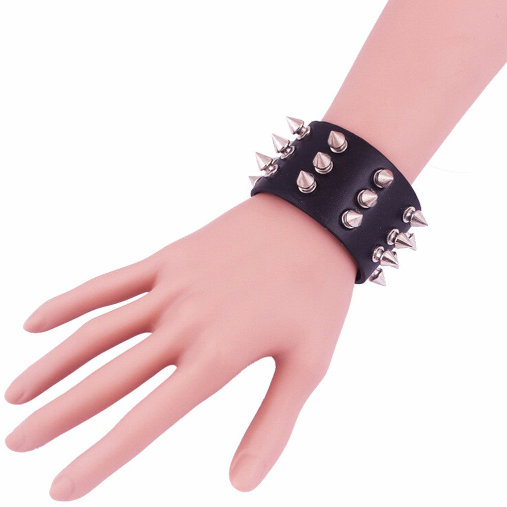 Three Row Spikes Rivet Stud Wide Cuff PU Leather Punk Gothic Rock Bracelet J4U66