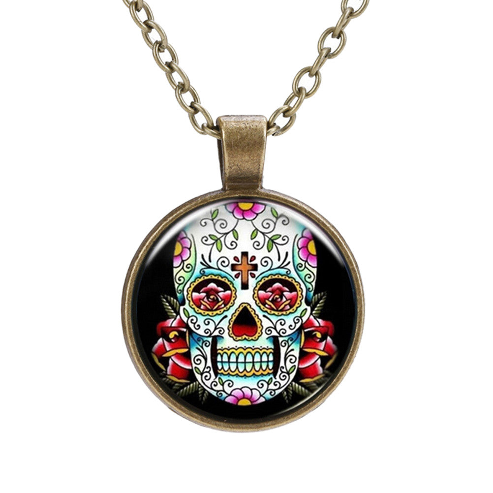 Vintage Skull Cabochon Silver plated Glass Chain Pendant Necklace abus J4U66