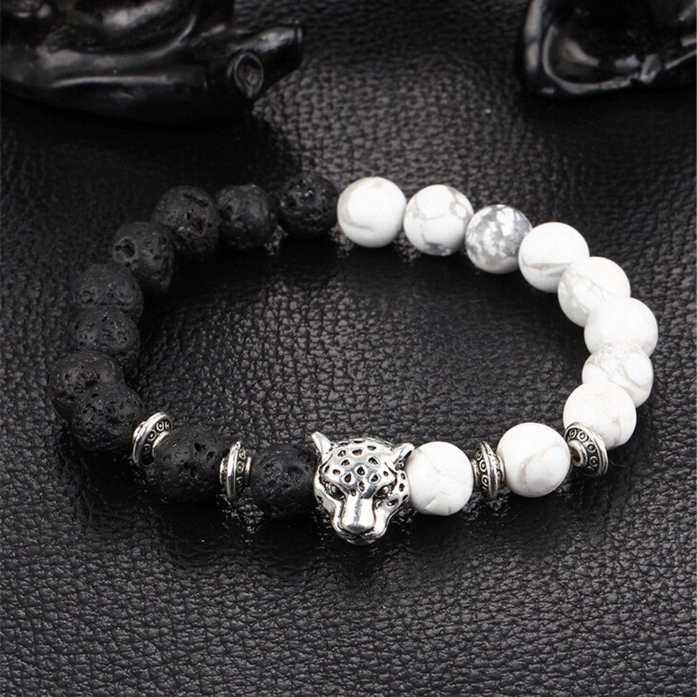 White/Black Weathering Agate Natural Stone Beads Bracelet With Leopard Lava Stone For Men Women J4U66