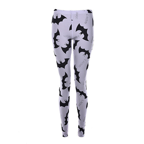 Women White Thin Fitness Leggings Bat Printed Leggings Skinny Animal Punk Style One Size  J4U66