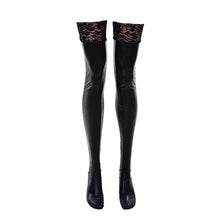 Women Sexy Wet Look Faux Leather Thigh High Stockings Lace Stay-Up Black Color Gifts For lady  J4U66