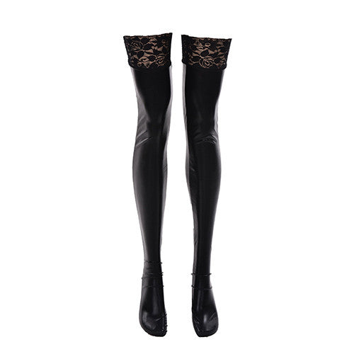Women Sexy Wet Look Faux Leather Thigh High Stockings Lace Stay-Up Black Color Gifts For lady  J4U66