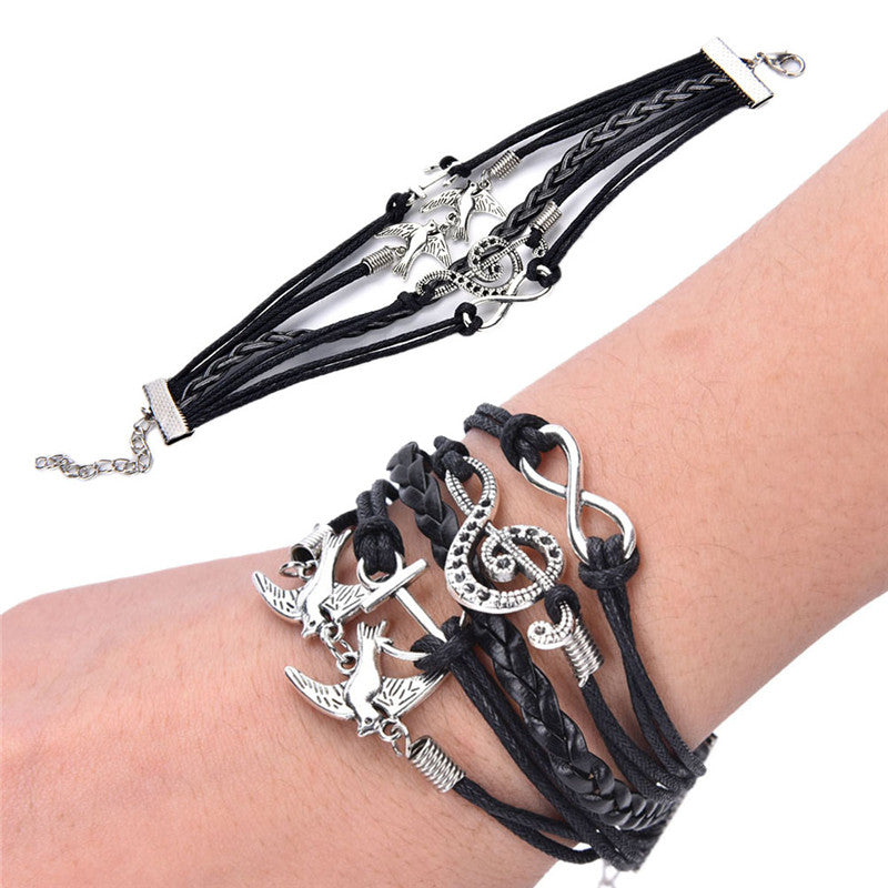 Jewelry Black Braided Wristband Bracelet Anchor Two birds Musical Note Eight Charms Bracelet Friendship Bracelets J4U66