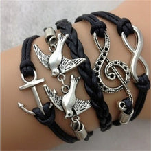 Jewelry Black Braided Wristband Bracelet Anchor Two birds Musical Note Eight Charms Bracelet Friendship Bracelets J4U66