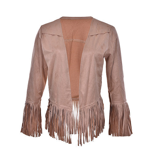 Women Jacket Short Tassel Jacket Ladies Solid Faux Suede Coat Cardigan M L XL J4U66