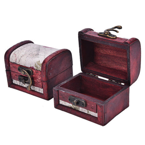 Chic Vintage Metal Lock Mini Stamp Jewelry Treasure Chest Case Wooden Box  J4U66