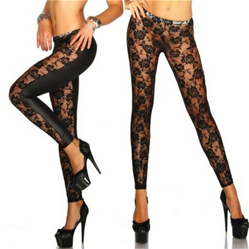 Sexy Girls Leggings Women Black Rose Floral Lace Faux Leather Leggings Pants Gifts  J4U66