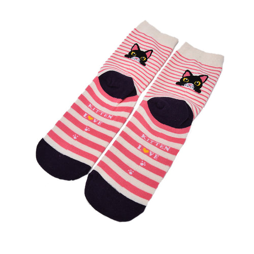 Cute Cartoon Cat Socks Striped Pattern Women Cotton Sock  J4U66