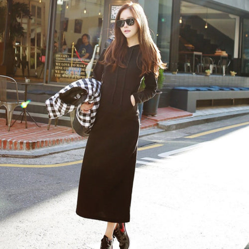 and Women Floor-Length Dress Lady Thickening Dress Casual Hips Long Style Hooded Dress J4U66