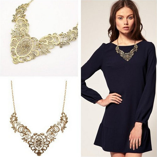 European Vintage Luxurious Collar Chain Bronze Lace Carving Flower Chain Choker Necklace for Women J4U66
