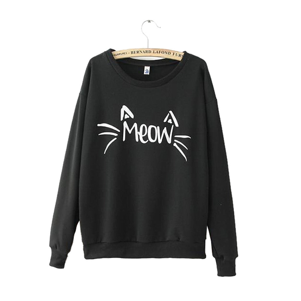 Women's Loose-Fitting Cute Cat Sweatshirt Hoodies Pullover Coats Casual Tops Tee Size M L XL J4U66