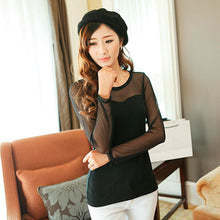 Korean Version Vertical Striped Sexy Lace Modal Base Shirt Round Neck Long-Sleeved Mesh Shirt Transparent Tops J4U66