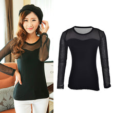 Korean Version Vertical Striped Sexy Lace Modal Base Shirt Round Neck Long-Sleeved Mesh Shirt Transparent Tops J4U66