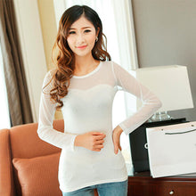 Korean Version Vertical Striped Sexy Lace Modal Base Shirt Round Neck Long-Sleeved Mesh Shirt Transparent Tops J4U66