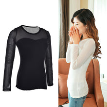 Korean Version Vertical Striped Sexy Lace Modal Base Shirt Round Neck Long-Sleeved Mesh Shirt Transparent Tops J4U66