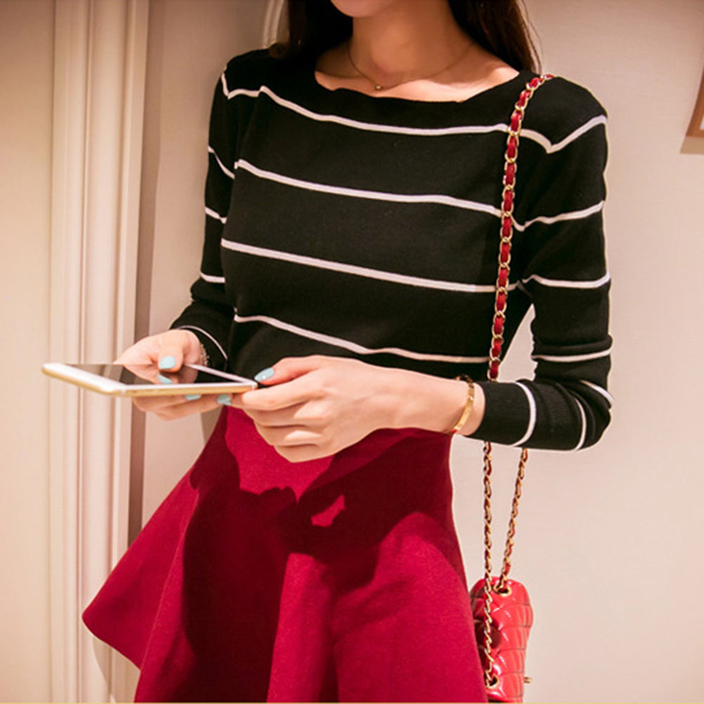 Pullover Korea Long Sleeve Slash Neck Sweaters All-match Slim Striped Knitting Women Sweater J4U66