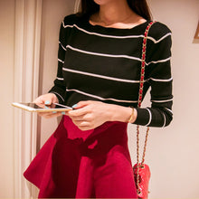 Pullover Korea Long Sleeve Slash Neck Sweaters All-match Slim Striped Knitting Women Sweater J4U66