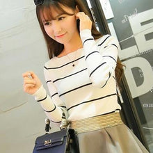 Pullover Korea Long Sleeve Slash Neck Sweaters All-match Slim Striped Knitting Women Sweater J4U66
