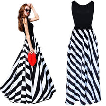 Style Women Long Beach Dress Black White Striped Maxi Dress J4U66
