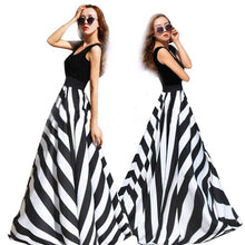 Style Women Long Beach Dress Black White Striped Maxi Dress J4U66