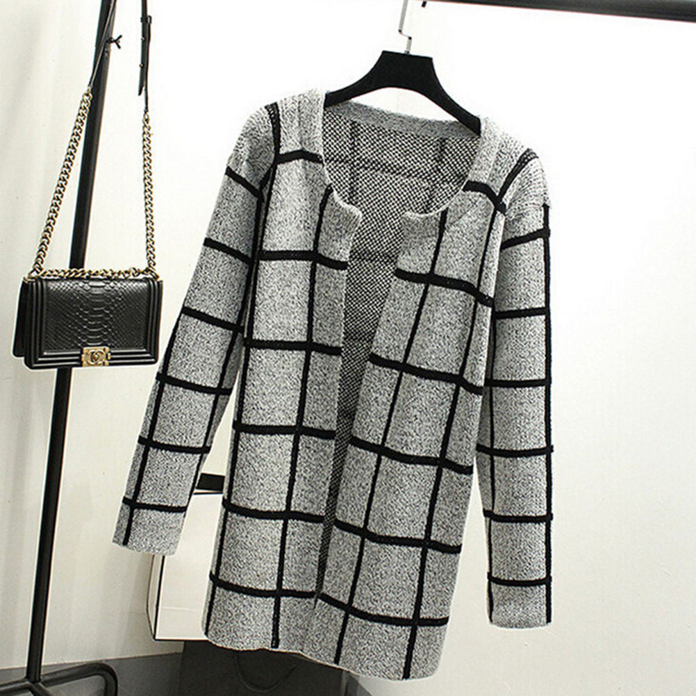 Women Cardigans Plaid Knitted Long Sleeve Sweater Knitted Casual Sweaters J4U66